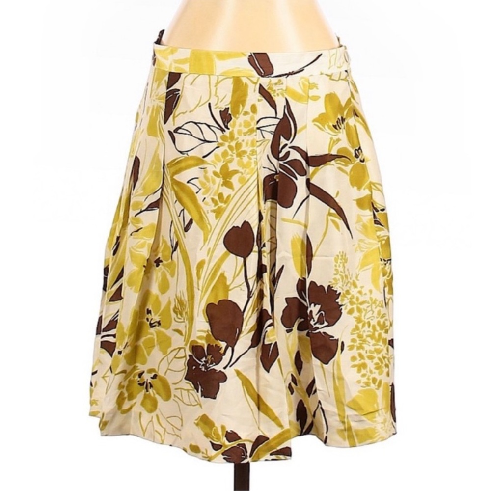 PINK TARTAN Silk A-line Skirt, Knee length Yellow and Brown Floral Print, Size 8